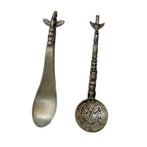 2 Pewter Boma Canada Souvenir Collector Spoons Totem Poles Native People